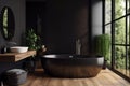 design home black interior bathroom furniture luxury wood modern contemporary bathtub. Generative AI. Royalty Free Stock Photo