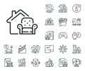 Furniture moving line icon. Home armchair sign. Floor plan, stairs and lounge room. Vector