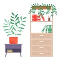 Furniture for office, chest of drawers with folders, stationery in stand and green plant, nightstand