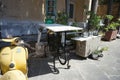 Furniture and other household and garden items sit outside in the old town of Rhodes. Rhodes island, Greece Royalty Free Stock Photo