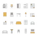 Furniture outline multicolored vector icon set. Minimalistic design.