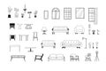 Furniture outline set of couches, armchairs, tables, drawers, lamps, windows, flowerpots for constructing interior
