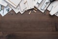 Furniture piece parts and tools on the wooden table with copy space during assembly process