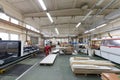 Furniture production industry equipment at manufacture background, wide-focus lens