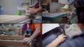 Furniture production workshop, worker is polishing wooden detail and stitching fabric cover, collage Royalty Free Stock Photo