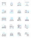 Furniture retail industry linear icons set. Sofas, Chairs, Tables, Beds, Wardrobes, Desks, Bookshelves line vector and