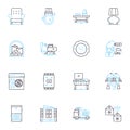 Furniture retail industry linear icons set. Sofas, Chairs, Tables, Beds, Wardrobes, Desks, Bookshelves line vector and