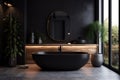 design furniture wood luxury bathroom home bathtub room black modern interior. Generative AI. Royalty Free Stock Photo