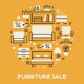 Furniture sale banner illustration with flat line icons. Interior store poster. Living room, bedroom, home office chair Royalty Free Stock Photo