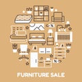 Furniture sale banner illustration with flat line icons. Interior store poster with living room, bedroom, home office Royalty Free Stock Photo