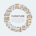 Furniture sale banner illustration with flat line icons. Living room, bedroom, home office chair, kitchen, sofa, nursery