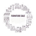 Furniture sale banner illustration with flat line icons. Living room, bedroom, home office chair, kitchen, sofa, nursery Royalty Free Stock Photo