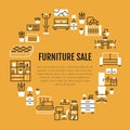 Furniture sale banner illustration with flat line icons. Living room, bedroom, home office chair, kitchen, sofa, nursery Royalty Free Stock Photo