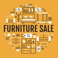 Furniture sale banner illustration with flat line icons. Living room, bedroom, home office chair, kitchen, sofa, nursery Royalty Free Stock Photo