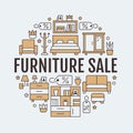 Furniture sale banner illustration with flat line icons. Living room bedroom, home office chair, kitchen, sofa, nursery Royalty Free Stock Photo