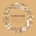 Furniture sale banner illustration with flat line icons. Living room, bedroom, home office chair, kitchen, sofa, nursery Royalty Free Stock Photo