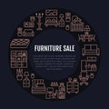 Furniture sale banner illustration with flat line icons. Living room, bedroom, home office chair, kitchen, sofa, nursery Royalty Free Stock Photo