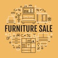 Furniture sale banner illustration with flat line icons. Living room, bedroom, home office chair, kitchen, sofa, nursery Royalty Free Stock Photo