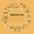 Furniture sale banner illustration with flat line icons. Living room, bedroom, home office chair, kitchen, sofa, nursery Royalty Free Stock Photo