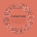 Furniture sale banner illustration with flat line icons. Living room, bedroom, home office chair, kitchen, sofa, nursery Royalty Free Stock Photo