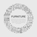 Furniture sale banner illustration with flat line icons. Living room, bedroom, home office chair, kitchen, sofa, nursery Royalty Free Stock Photo