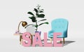 Furniture sale Soft armchair desk laptop green plant 3D render Workspace lobby interior design Cozy home Coworking space Royalty Free Stock Photo