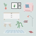 Furniture set cozy home interior of house plants, coffee table, comfort armchair and home decorations. Comfortable interior in Royalty Free Stock Photo