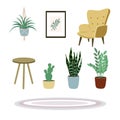 Furniture set cozy home interior of house plants, coffee table, comfort armchair and home decorations. Comfortable interior in Royalty Free Stock Photo