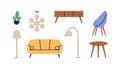 Furniture set for home living room interior. Sofa, cozy couch, chair, floor lamps, wood coffee table and potted plant in