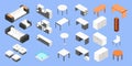 Furniture set. Isometric set of living room objects. Sofas, chairs, armchairs, tables and stools