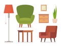 Furniture set for living rooms. Chair, table, lamp, locker, potted plant. Set for living room interior. Vector illustration