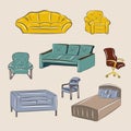 Furniture set. sofas, beds, armchairs, chairs. Furniture store. Classic interior, loft. Isolated vector Royalty Free Stock Photo