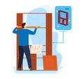 Furniture shelf repair, worker man build wooden construction, vector illustration. Male repairman do renovation with