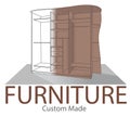 Furniture shop label. Custom made closet. Store badge in modern style. Home interior symbol. Opened bedroom wardrobe. Wood Home Fu