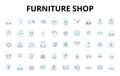 Furniture shop linear icons set. Sofas, Chairs, Tables, Beds, Dressers, Bookcases, Ottomans vector symbols and line