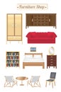 Furniture shop wood board with sofa bookcase desk chair wardrobe and bed Royalty Free Stock Photo