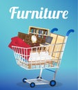 Furniture sofa bookcase desk chair wardrobe and bed on a shopping cart Royalty Free Stock Photo