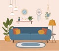 Furniture: sofa, bookcase, picture, plants. Living room interior. Flat style vector illustration