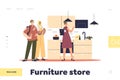 Furniture store concept of landing page with shop assistant woman help young couple to buy kitchen Royalty Free Stock Photo