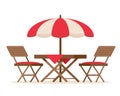 Furniture for summer patio holiday. Restaurant or cafe wooden table with chairs and beach umbrella. Royalty Free Stock Photo