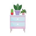 Furniture table drawers and potted plants isolated design white background