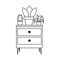 Furniture table drawers and potted plants isolated icon line style