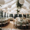 Furniture, tables, and chairs arranged in a tent for a wedding reception , generated by AI