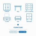 Furniture thin line icons set: table, sofa, armchair, wardrobe, nightstand, TV stand, chest of drawers. Elements of interior.