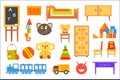 Furniture and toys for childrens rooms, kindergarten, nursery room set vector Illustrations on a white background