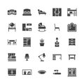 Furniture vector flat glyph icons. Living room, bedroom, baby crib, kitchen corner sofa, nursery dining table, pillows