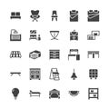 Furniture vector flat glyph icons. Living room sink, bedroom, mattress, office chair, sofa, garden tent dining table