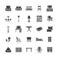 Furniture vector flat glyph icons. Living room tv stand, bedroom, home lighting, rocking chair, sofa, bedding dining