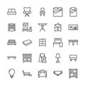 Furniture vector flat line icons. Living room bathroom sink, bedroom, mattress, office chair, sofa, garden tent dining