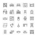 Furniture vector flat line icons. Living room, bedroom, baby crib, kitchen corner sofa, nursery dining table, pillows
